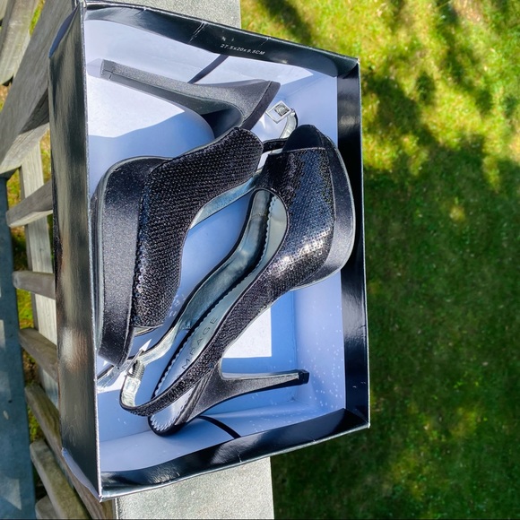 NEW nwt Rampage Black Sequin Heels 9.5 Peep Open Toe Platform glitter sparkle - Picture 3 of 9